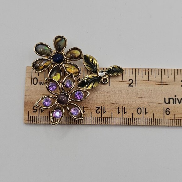 Gold Tone Purple Green Enamel Rhinestone Floral Whimsigoth Fairycore Boho Brooch - Picture 12 of 12
